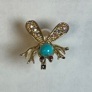 Gold Tone Bee Brooch Faux Turquoise Pearl AB Crystal Insect Pin Vintage Style